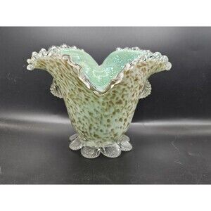 Glass Vase Basket Ruffle Italy Sparkly Gold Splatter Seafoam Green Aqua Flakes
